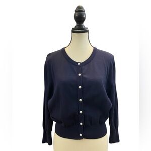 Karl Lagerfeld Navy Blue Short Cardigan with Pearl Buttons and black lace back